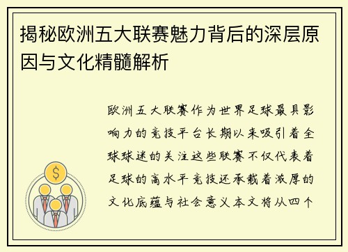 揭秘欧洲五大联赛魅力背后的深层原因与文化精髓解析